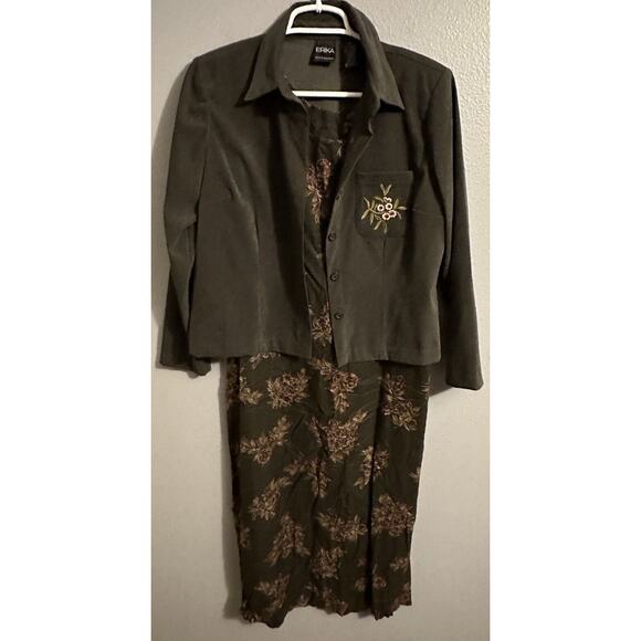 Erika Womens Petite Medium 2 Piece Dress & Coat Set Vintage Green Floral - Picture 1 of 8